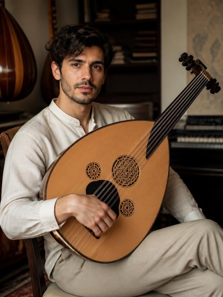 Patrick Lee Hebert II holding an Oud instrument